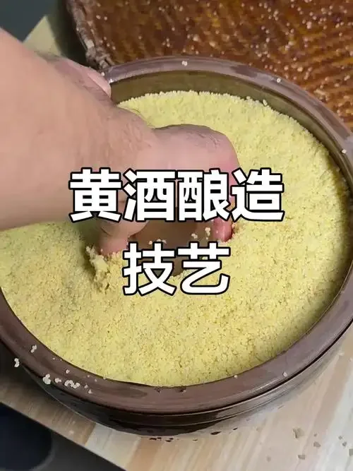 传统黄酒酿造过程：陶缸中正在发酵的米粒酒醅，背景有糯米和酒曲，展现家庭酿酒的质朴场景_1