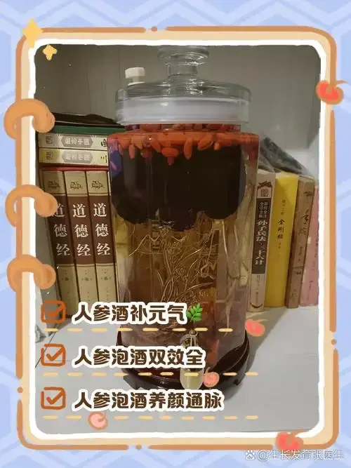 透明玻璃罐中浸泡的完整人参酒特写，酒液清澈呈琥珀色，旁边伴有枸杞和红枣。_1