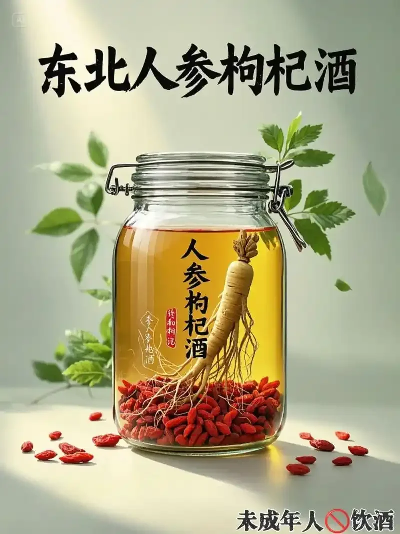 家庭自制人参枸杞金樱子泡酒实拍图，玻璃酒坛中清晰可见人参、枸杞和金樱子，琥珀色酒液透亮。_1