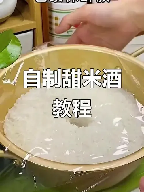 夏日米酒发酵过程特写：半透明玻璃罐中正在发酵的米酒，伴有气泡和浮起的米粒，旁边放着测量工具。_1