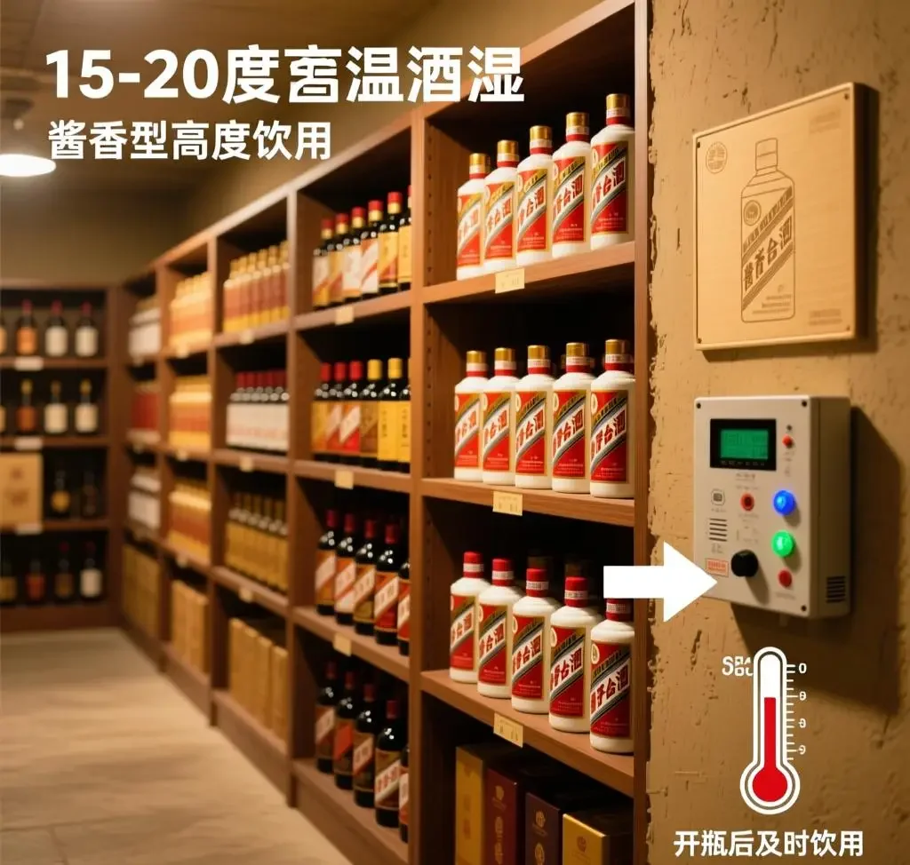 深色实木酒柜内避光存放的白酒，光线柔和，氛围宁静，展示正确的白酒储存环境。_1