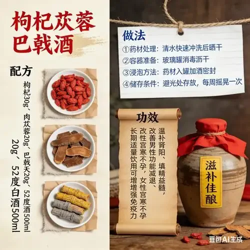 展示家庭自制补肾壮阳药酒的玻璃罐特写，内含人参、枸杞、鹿茸等多种中药材，酒色澄澈透亮。_1