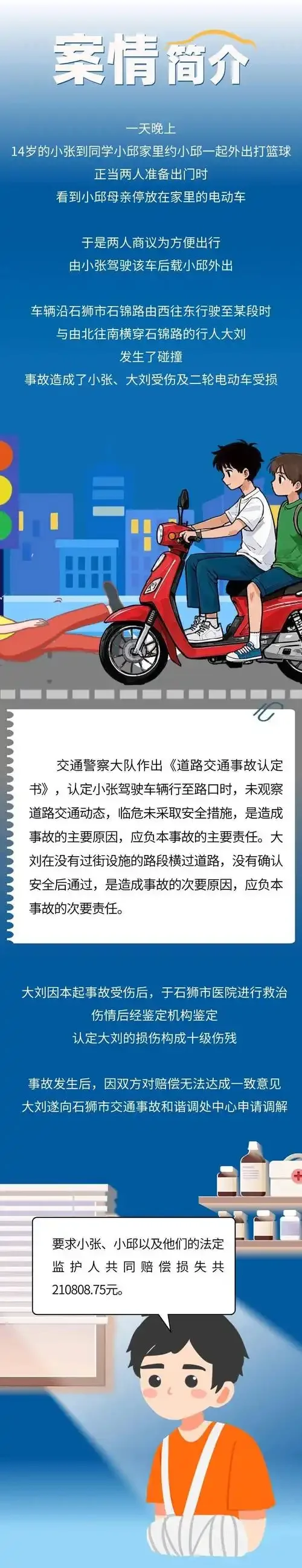 酒后驾驶电瓶车撞人事故现场示意图，展示交通事故处理与交警介入的场景。_1