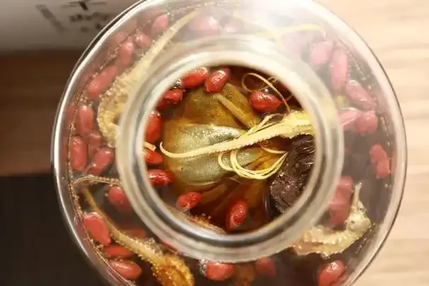 一坛正在浸泡中的海马养生酒，内有海马、枸杞、人参等多种中药材_1