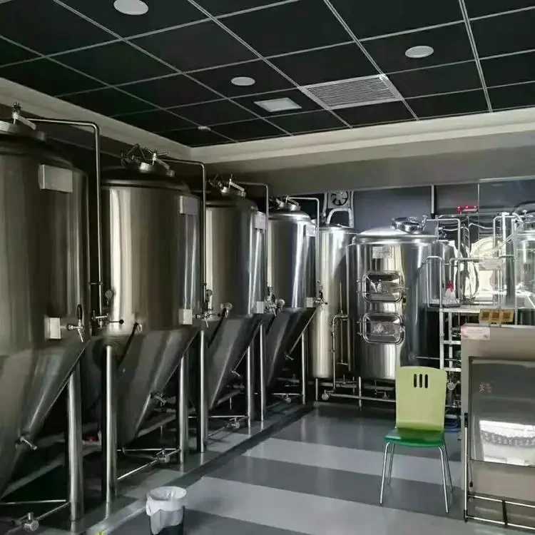 小型精酿啤酒酿造设备在工作室内的实景展示，包含糖化煮沸锅和发酵罐。_1