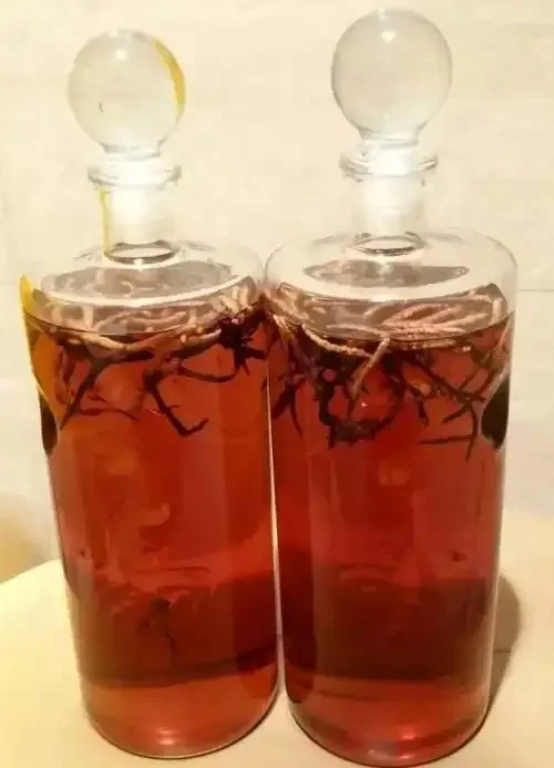 工作台上摆放的透明玻璃泡酒罐，内含玛卡和枸杞，旁边散落着原料和称量工具，展示家庭自制玛卡枸杞泡酒的场景。_1
