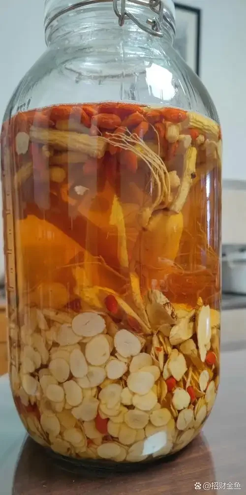 泡制中的海马养生酒特写：透明玻璃罐内，海马、枸杞、红枣等药材在琥珀色酒液中清晰可见。_1