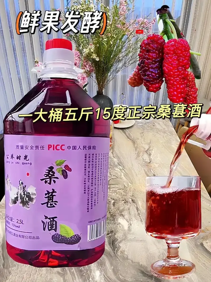 一瓶自酿的深红色桑葚酒特写，旁边有新鲜桑葚果，展示家庭酿造的品质与天然感。_1