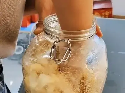 香蕉酿酒发酵过程实景：透明发酵罐内果泥发酵活跃，背景有香蕉原料和酿酒工具。_1