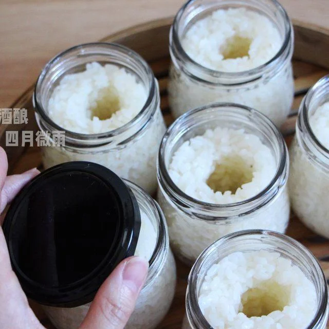 成功制作的家庭版甜酒酿成品特写，米粒晶莹，汁水丰盈，旁边摆放着制作原料和记录本。_1