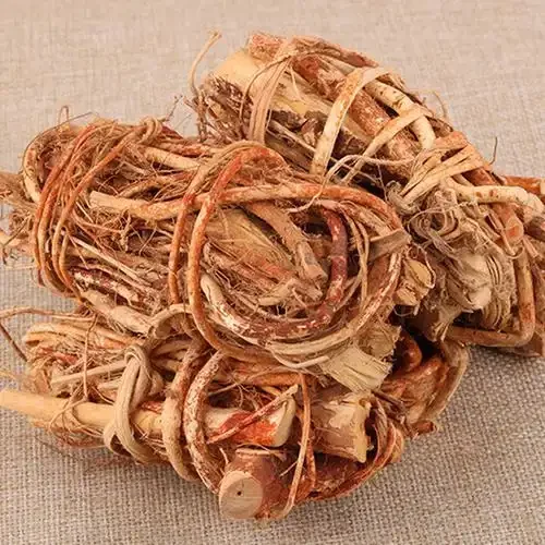 五指毛桃与枸杞、红枣、黄芪、当归等多种药材分层浸泡在透明玻璃罐中的特写照片，展示了养生药酒的典型搭配和诱人色泽。_1