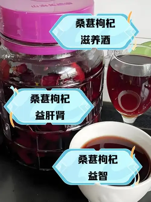 桑葚枸杞泡酒制作过程展示：玻璃罐中紫红色的酒液与黑桑葚、红枸杞清晰可见_1