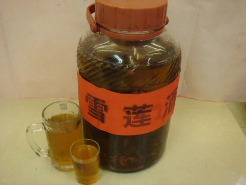 一瓶由专业酿酒师泡制的金黄色雪莲花酒，酒体澄澈，旁边摆放着用于泡酒的干雪莲花。_1