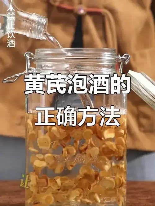 黄芪药酒酿造过程特写：优质黄芪片与玻璃泡酒罐中的琥珀色酒液_1