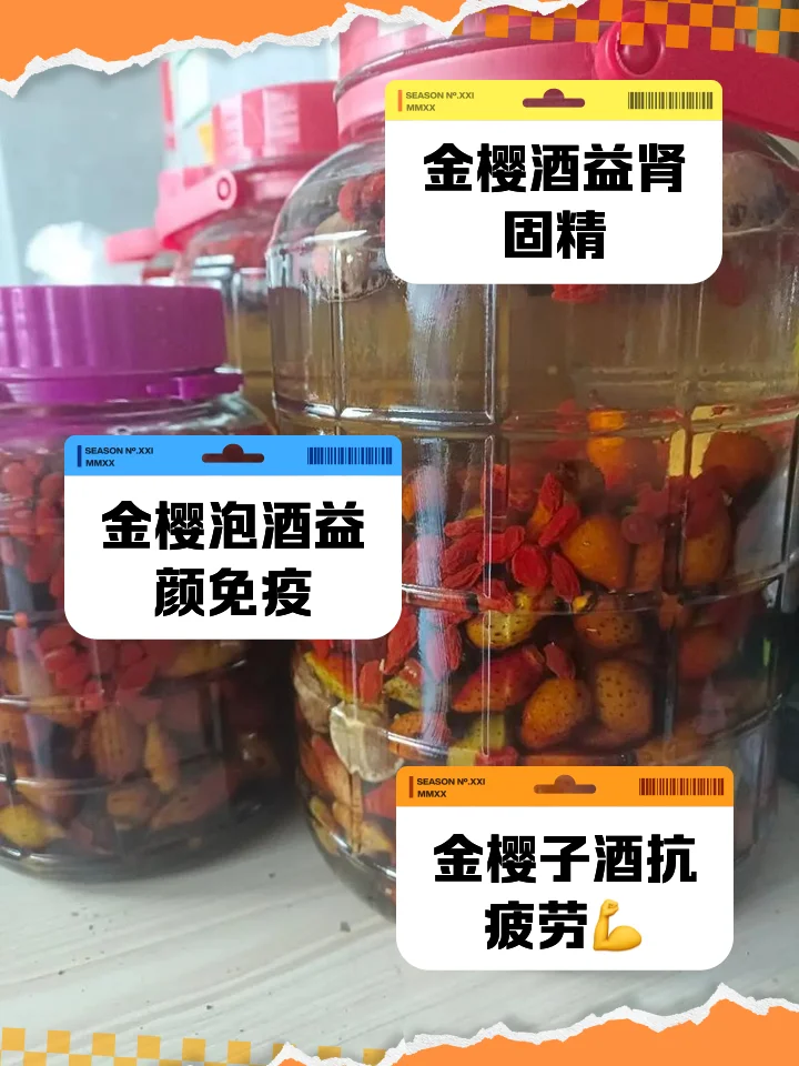 家庭自酿的樱桃酒成品特写，樱桃与酒液色泽诱人。_1