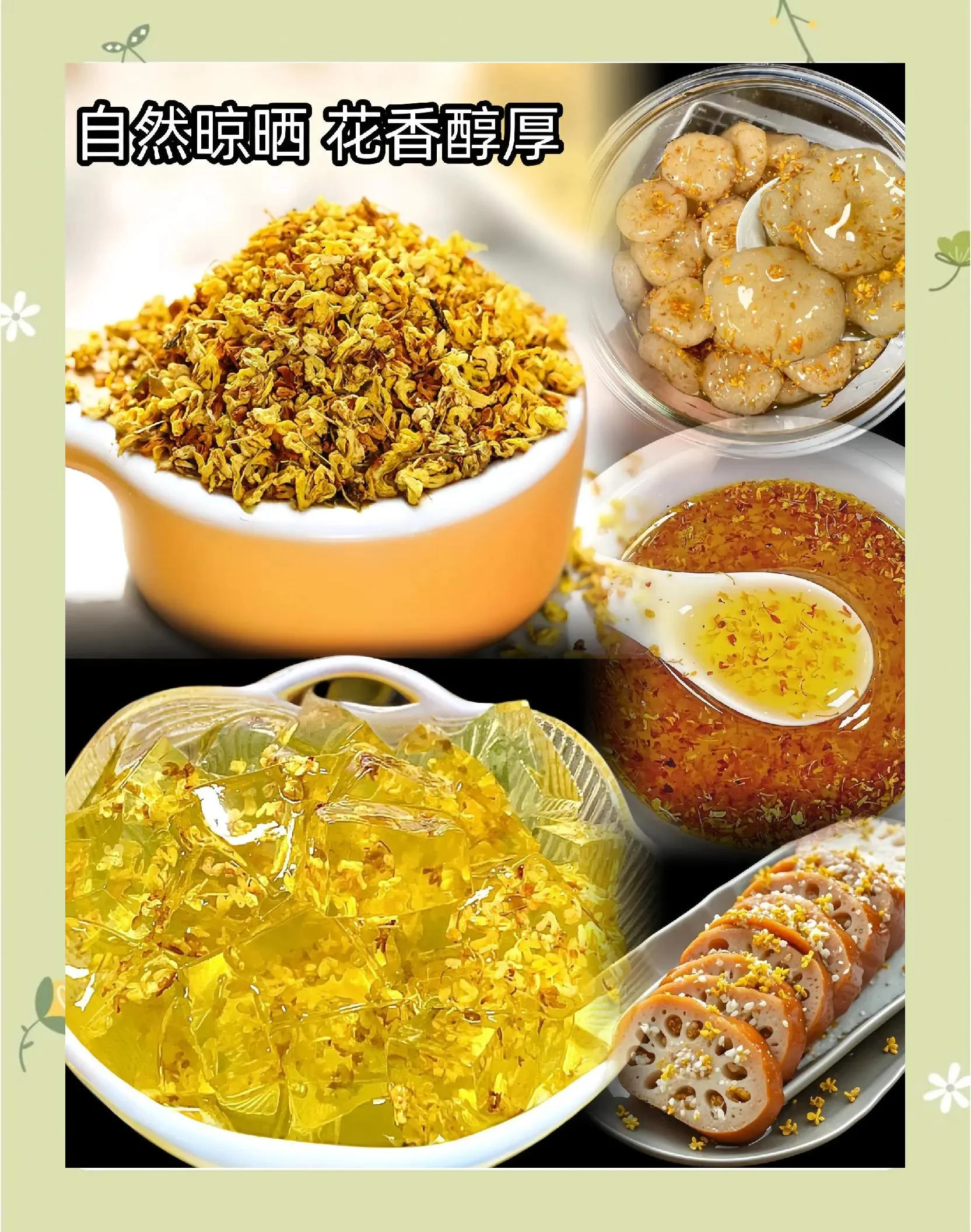 干桂花与白酒黄金比例示意图：透明玻璃罐中金黄的桂花酒，旁边是干桂花和量杯，背景有酿酒笔记。_1