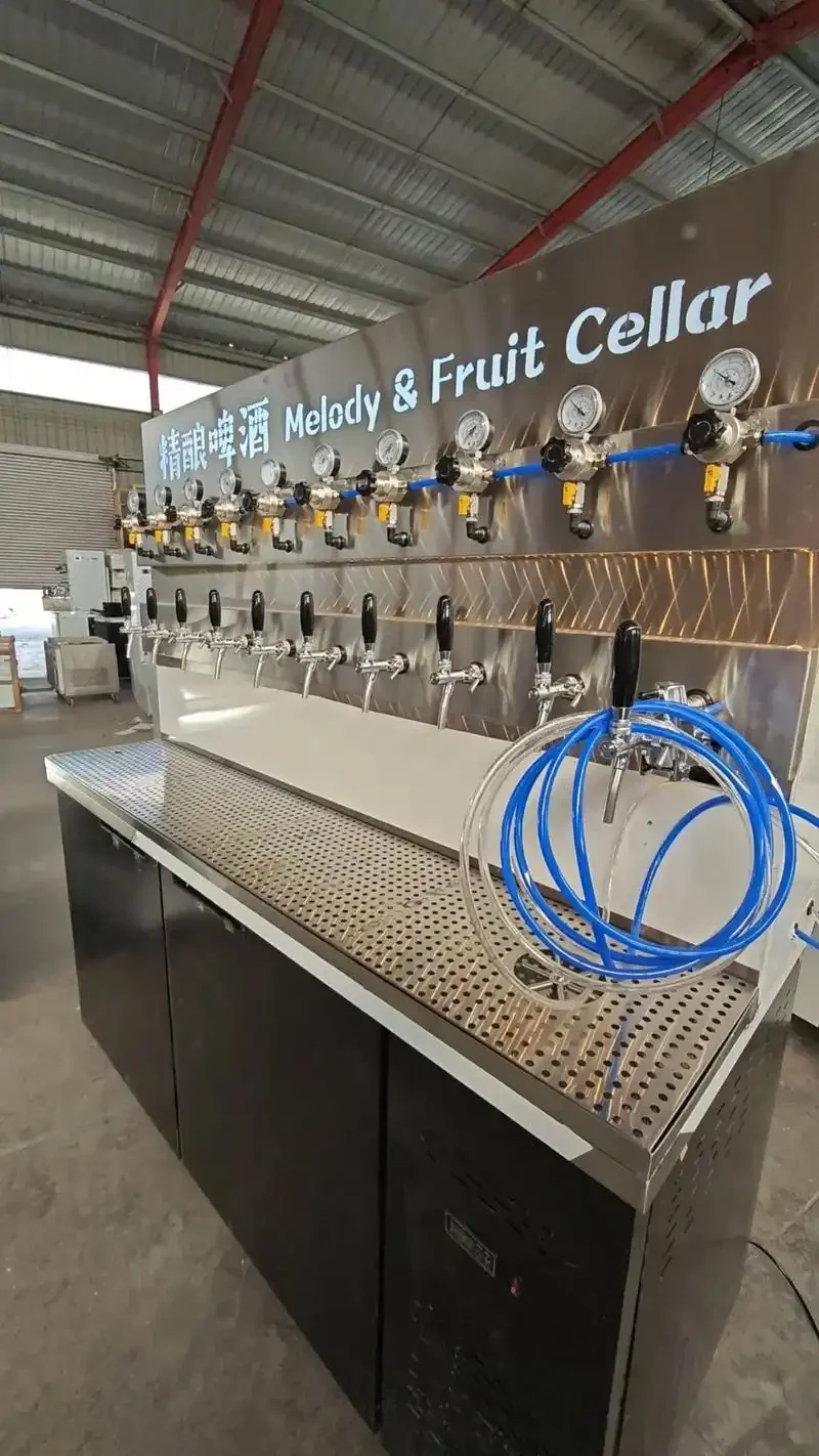 家庭自酿散装啤酒设备实景图，展示糖化桶、冷却器与带气闸的发酵罐_1