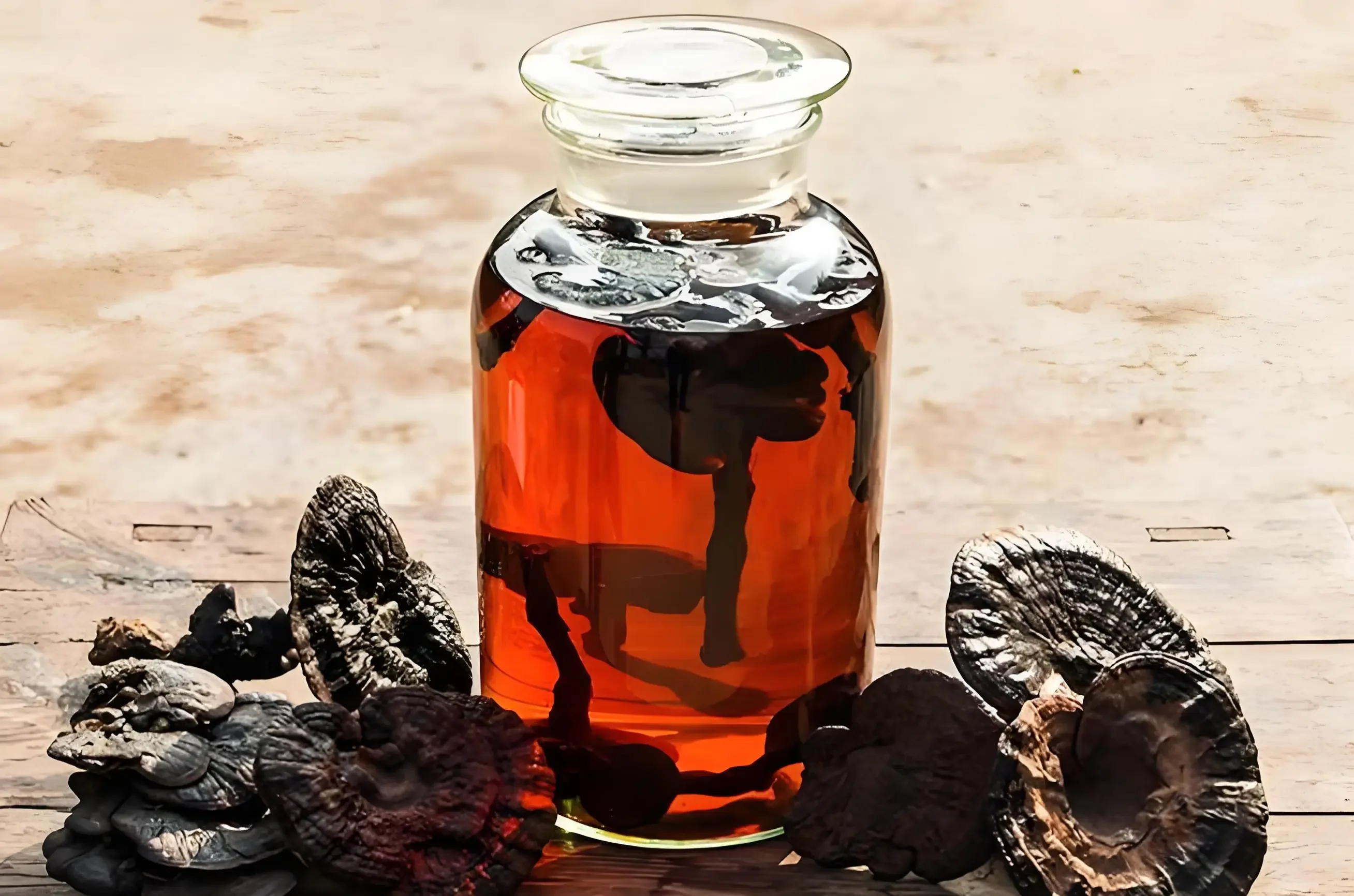 一个装有新鲜灵芝、枸杞和红枣的透明玻璃泡酒罐特写，展示了家庭泡制药酒的经典形态。_1