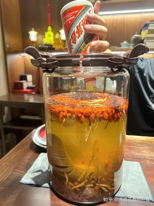 家庭自制滋阴补肾药酒特写，玻璃罐中清晰可见枸杞、桑葚等药材在琥珀色酒液中浸泡_1