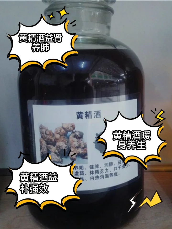 专业酿酒师展示的黄精泡酒过程特写：透明玻璃罐中金黄色的黄精切片在酒液中清晰可见。_1