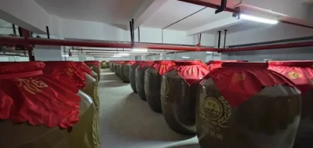 家庭储酒条件示意图：整洁温控酒柜内，陶坛与瓷瓶有序摆放，温湿度计显示理想储存环境。_1