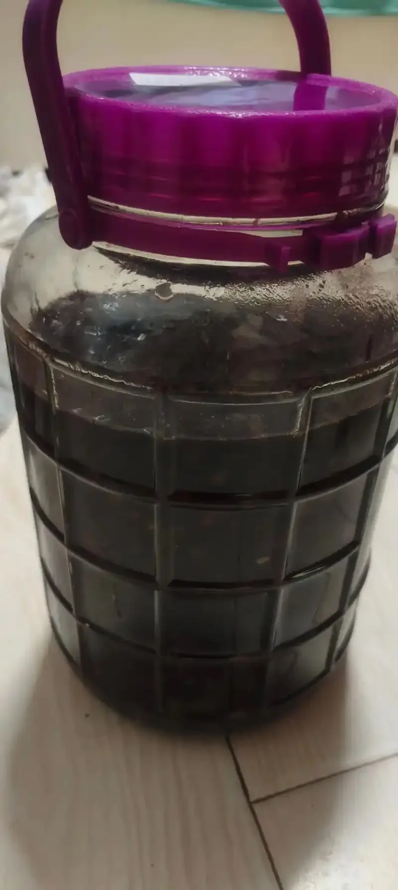 家庭自酿葡萄酒操作台：新鲜葡萄、玻璃发酵罐和工具准备就绪_1