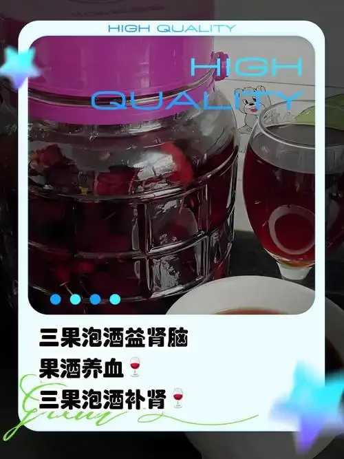 家庭自酿的桑葚枸杞酒成品图：透明玻璃罐中装着紫红色酒液，桑葚与枸杞清晰可见。_1