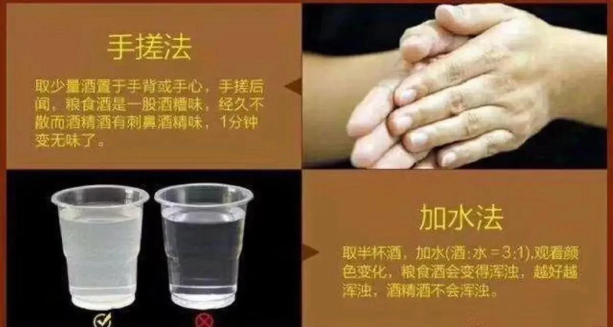 粮食酒与勾兑酒对比图：左侧纯粮酒挂杯明显，配以粮食原料；右侧勾兑酒配以化学符号，直观展示区别。_1