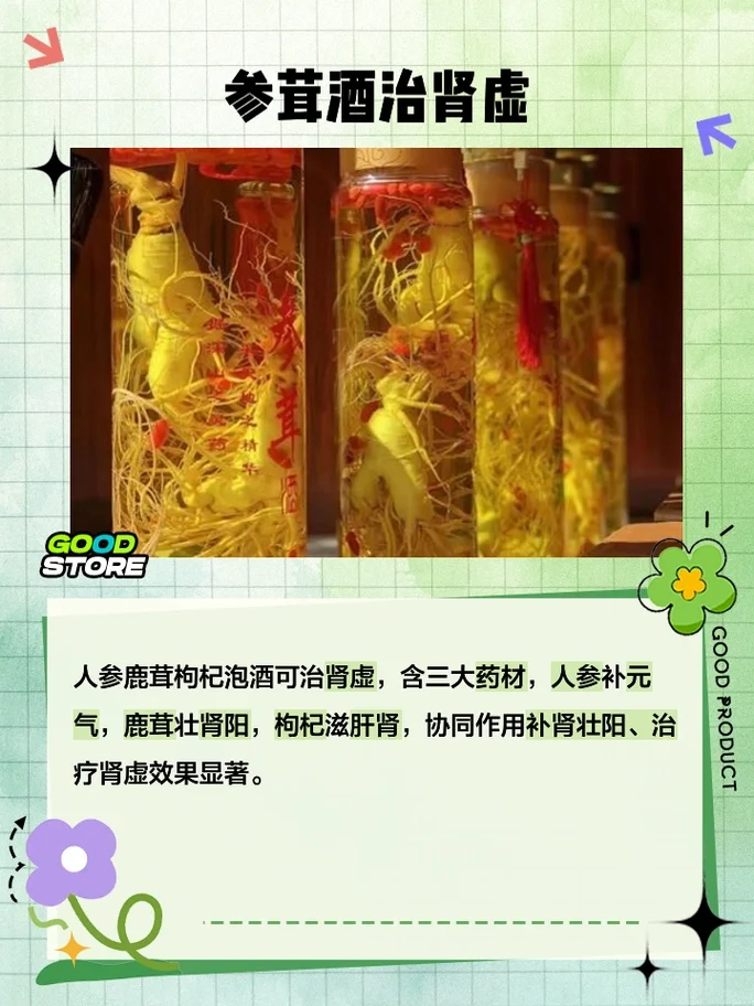 一个装有鹿茸片和红参片的透明泡酒瓶，酒液呈温暖的琥珀色，展示传统滋补药酒的泡制状态。_1