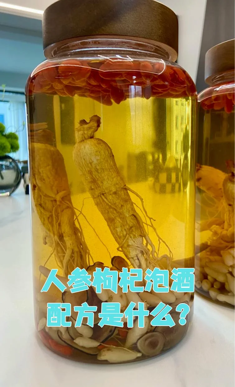 人参、海马和枸杞在透明玻璃罐中浸泡，琥珀色酒液，展示家庭泡制药酒的实景。_1