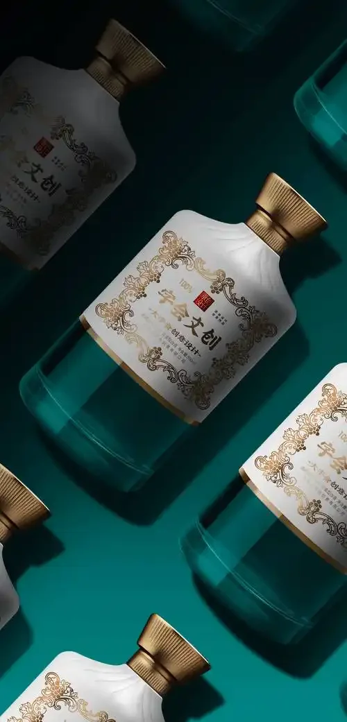 一款设计精美的白酒瓶静物照，搭配高粱和发酵容器，展现白酒从酿造到包装的匠心联系。_1