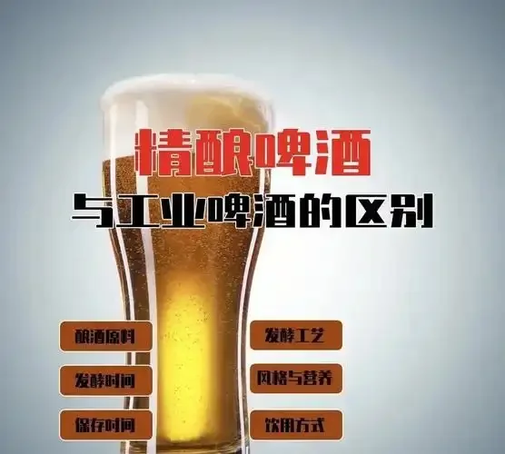 精酿啤酒与工业啤酒对比图：左边是多样化的精酿啤酒与小型设备，右边是标准化的工业啤酒与大型发酵罐背景。_1