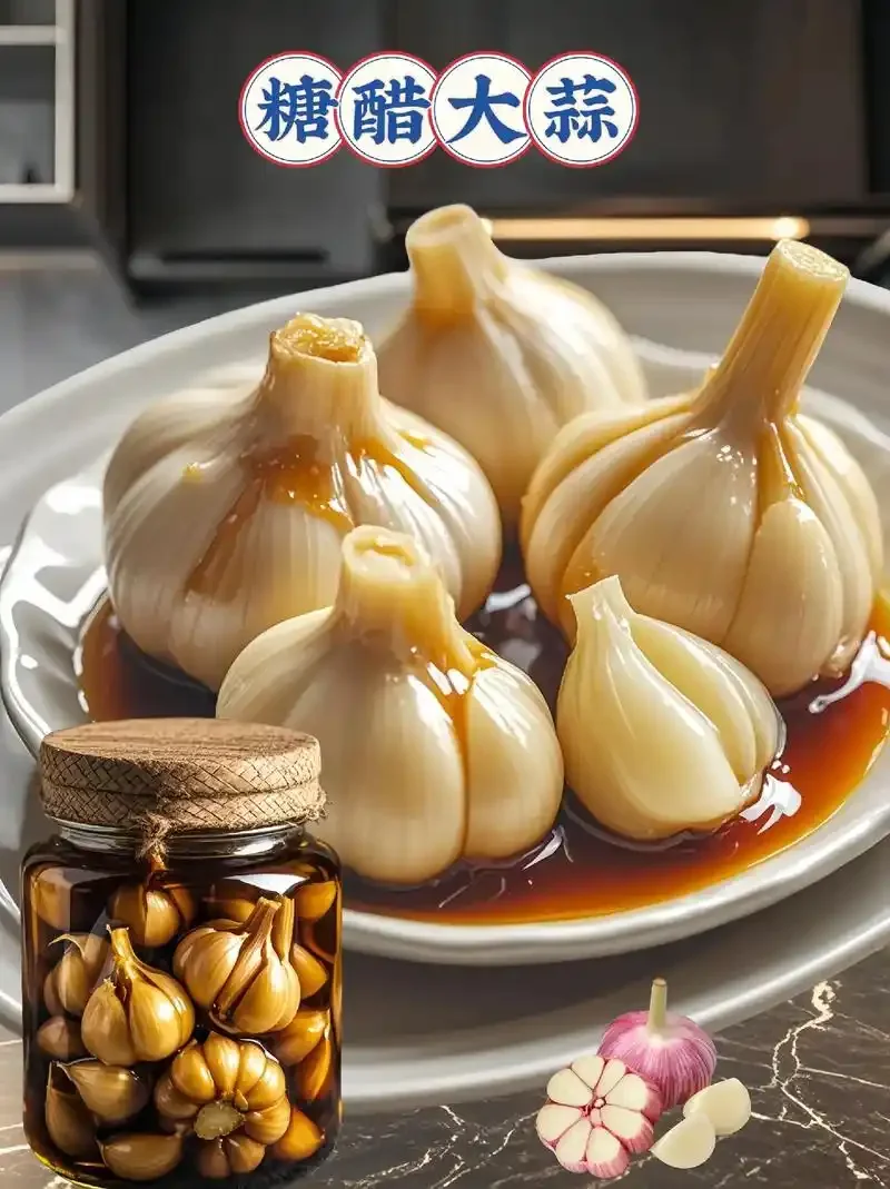 装在透明玻璃罐中用白酒浸泡的大蒜特写，展示其琥珀色酒液与饱满蒜粒的状态_1