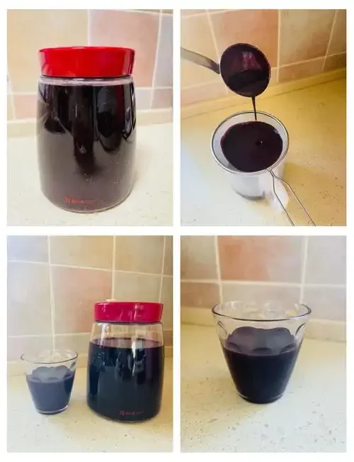 家庭自制葡萄酒发酵过程实拍：玻璃罐中紫红色葡萄正在冒泡，旁边放着新鲜葡萄和工具。_1