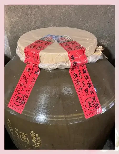 一瓶未开封的陶瓷瓶白酒被妥善存放在家庭恒温酒柜中，旁边温湿度计显示适宜环境，体现了正确的家庭藏酒方法。_1