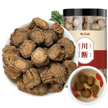 酒续断药酒特写：玻璃瓶中琥珀色酒液与沉浮的切片，旁边散落着干切片，展示其酿酒应用。_1