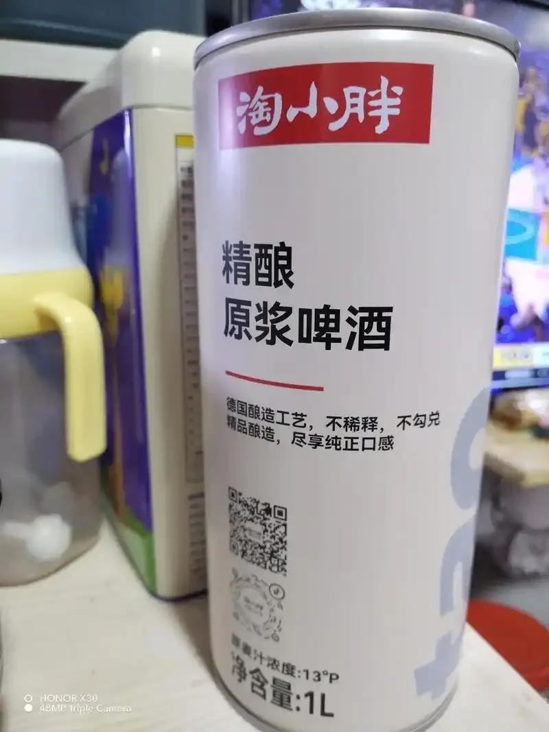 一杯琥珀色精酿啤酒特写，旁边摆放着麦芽、啤酒花和酵母，背景是酿酒作坊环境。_1