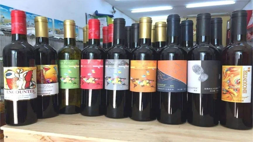 自酿葡萄酒储存环境展示：一瓶贴着年份标签的红酒放置在阴凉避光的酒架上，旁边有温度计，展示理想的家庭储存条件。_1