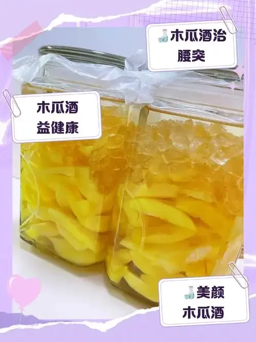 家庭自制酸木瓜泡酒过程展示：玻璃罐中泡着金黄的木瓜片与辅料，旁边摆放着所需的新鲜酸木瓜、冰糖和白酒。_1