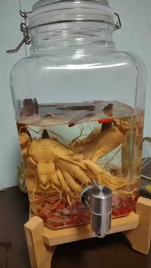 展示传统中药泡酒的制作场景：装有多种药材的玻璃泡酒瓶、古医书和称量工具的特写。_1