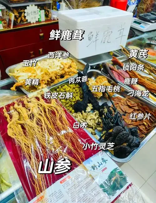 透明玻璃罐中正在泡制的类风湿调理药酒，可见人参、当归等多种中药材沉于琥珀色酒液中_1