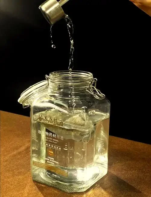 传统侧柏叶泡酒成品展示：透明酒坛中琥珀色酒液与绿色侧柏叶清晰可见。_1