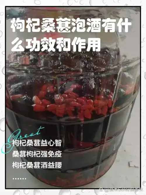 正在浸泡的桑葚黄芪酒特写，桑葚与黄芪在玻璃罐中清晰可见，展示家庭养生酒的制作过程。_1