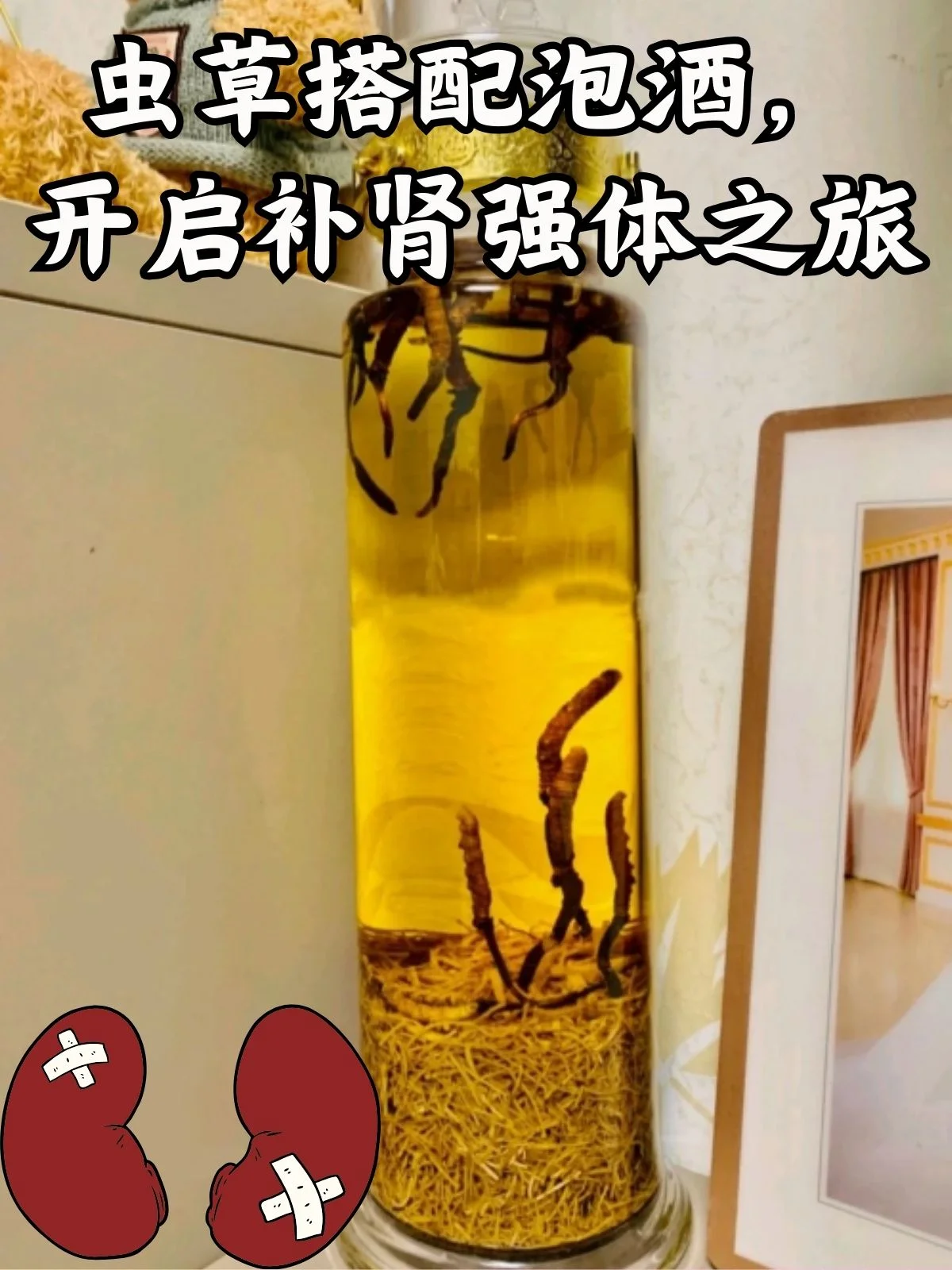 虫草泡酒制作过程展示：透明玻璃罐中的虫草酒与原料特写_1