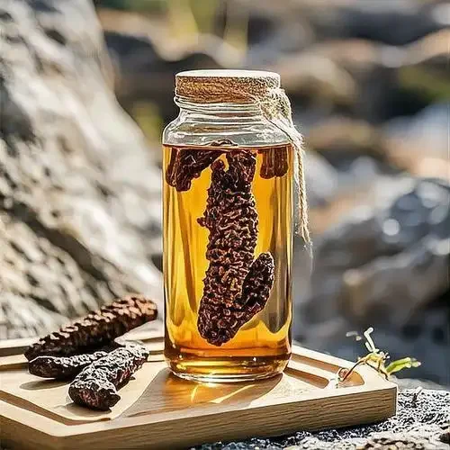 传统手工泡制的肉苁蓉酒，展示了酒坛和肉苁蓉药材_1