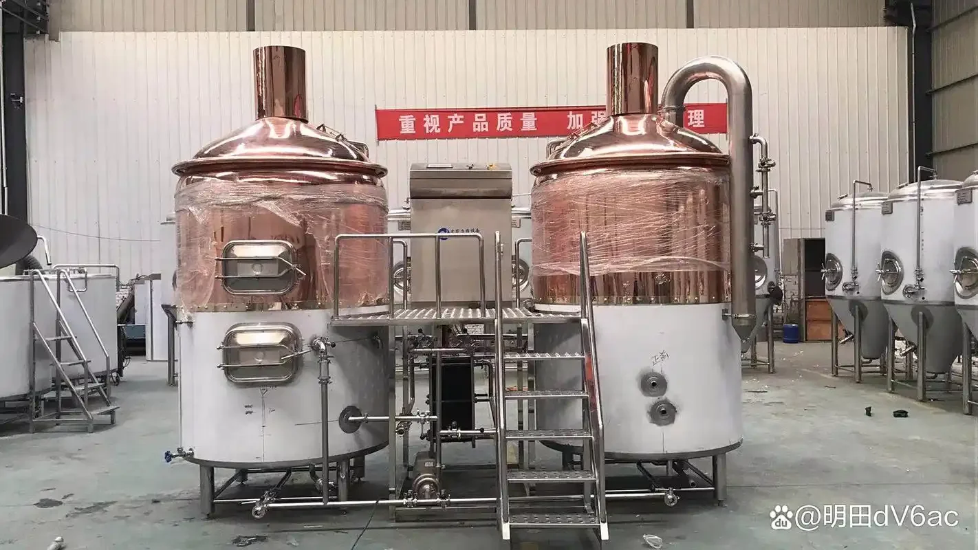 小型精酿啤酒厂不锈钢酿造设备车间实景照片,展示糖化、发酵等主要设备单元_1