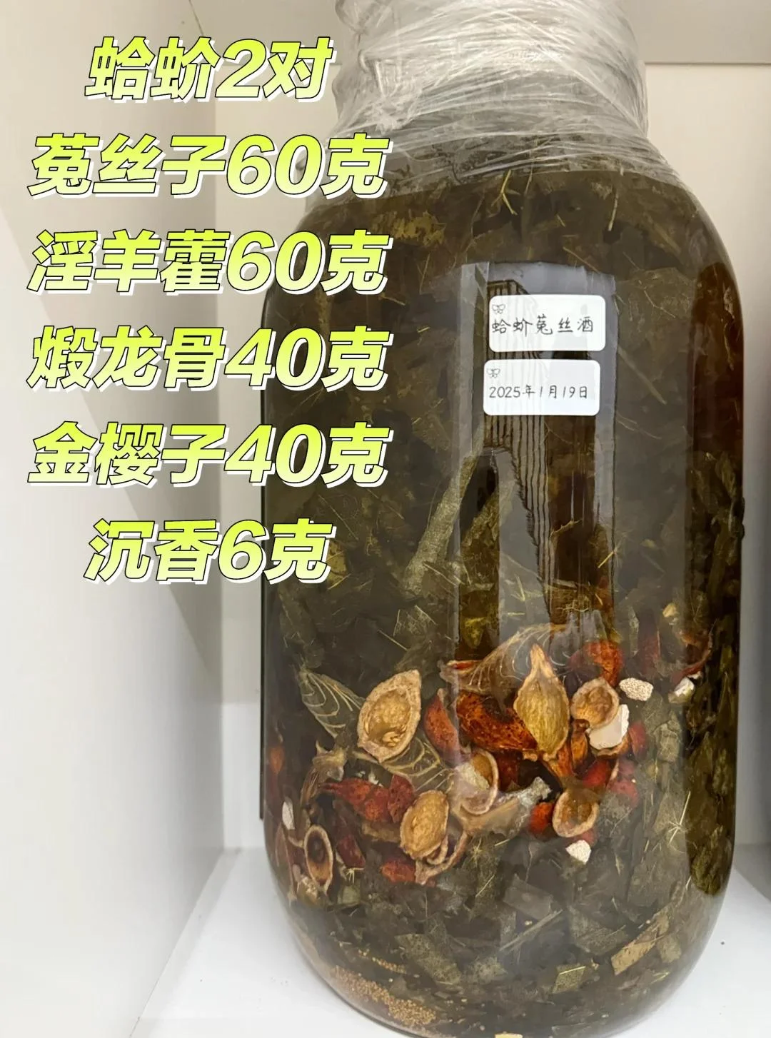 展示经典补肾壮骨泡酒配方所需的主要中药材在玻璃罐中浸泡的状态_1