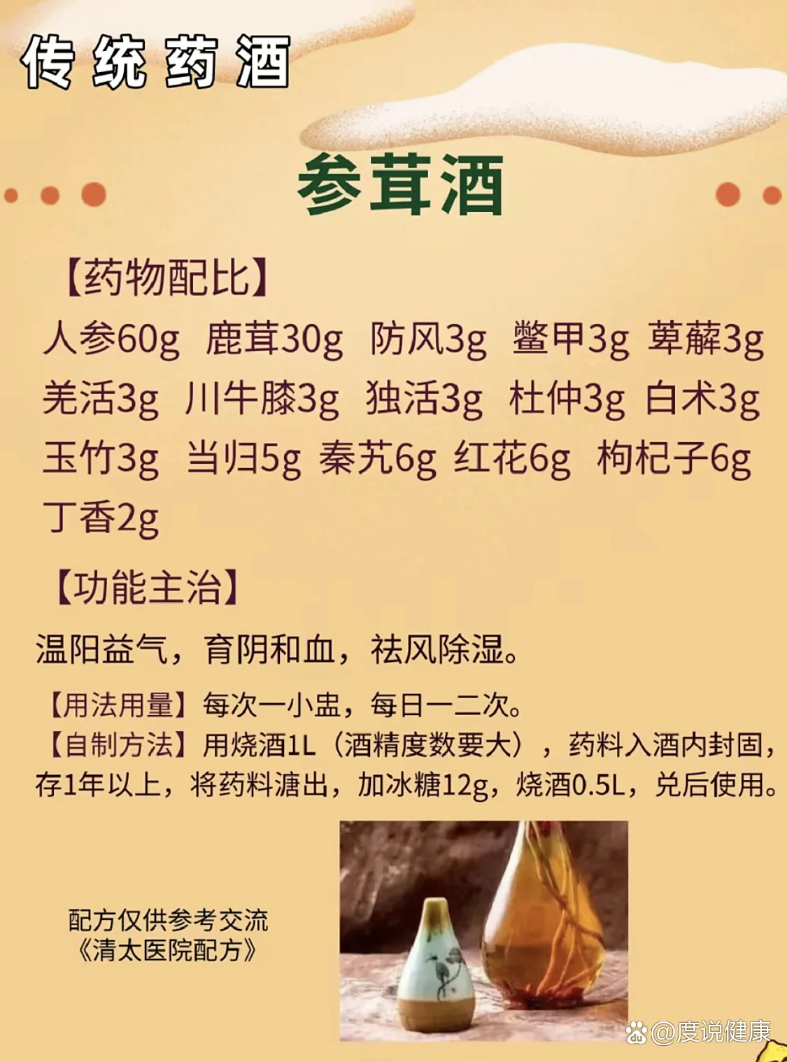 鹿茸片泡酒配方示例：玻璃罐中浸泡着鹿茸片、人参、枸杞和红枣的金黄色养生酒_1