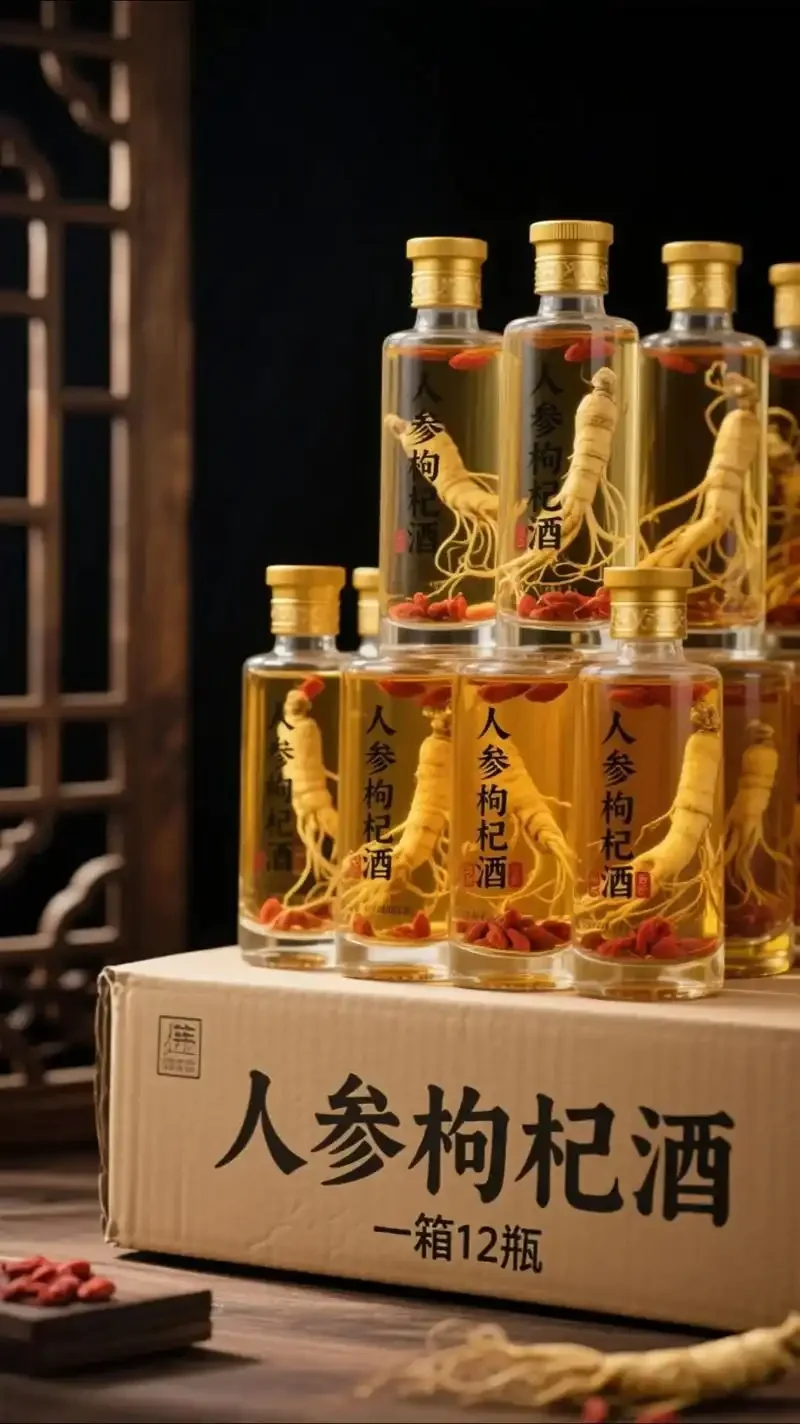 一坛正在浸泡的人参酒特写，旁边摆放着优质人参，背景是传统酒坊风格的木质酒架_1