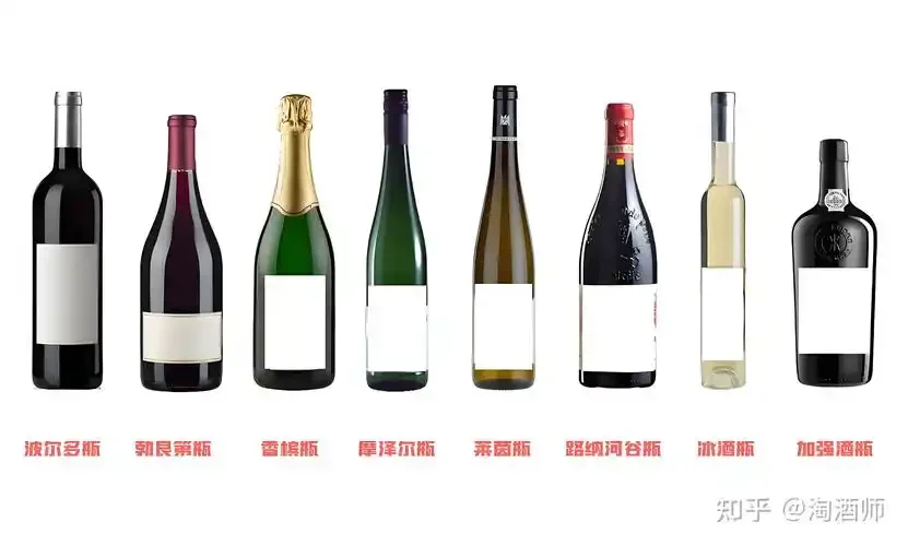葡萄酒分类视觉图：展示红、白、桃红三种颜色的葡萄酒在品酒杯中的状态，以及不同酒瓶，帮助理解葡萄酒的多样性。_1